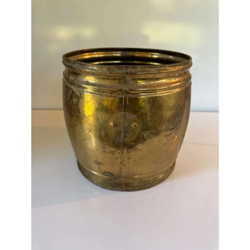 Vintage Brass Lion Head Planter Barrel Cachepot Gold Tone Patina 9 Inch